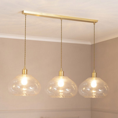 ValueLights Corinne Twill Glass 3 Drop Brushed Gold Diner Ceiling Pendant Light with Bulbs