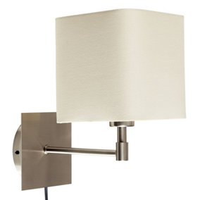 ValueLights Cream Cotton Square Design Brushed Chrome Bedside Wall Light With Plug Cable And Switch