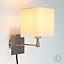 ValueLights Cream Cotton Square Design Brushed Chrome Bedside Wall Light With Plug Cable And Switch