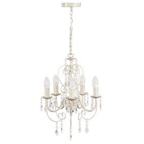 ValueLights Cream Ornate 5 Way Ceiling Light Chandelier with Acrylic Jewels And 5 LED SES E14 Frosted Glass Candle Bulbs