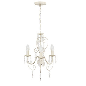 ValueLights Cream Ornate Vintage Style 3 Way Ceiling Light Chandelier with Acrylic Jewels And 3x SES E14 Glass Candle Bulbs