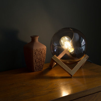 ValueLights Cruz Modern Smoked Effect Glass Globe Bedside Table Lamp on a Wooden Frame Base