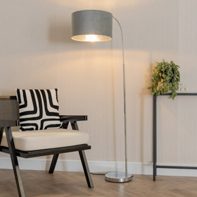 ValueLights Curva Chrome Arched Floor Lamp with Grey Velvet & Chrome Inner Lamp Shade & Bulb