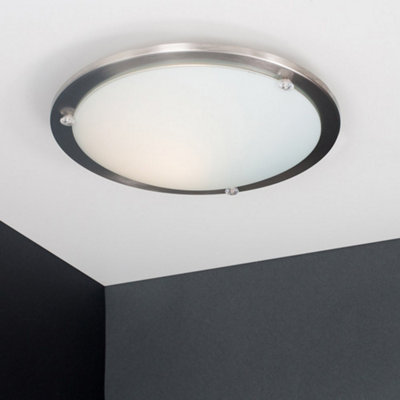 ValueLights Cymbal Modern Bezel Chrome and Frosted Opal White Glass Flush Round Disc Ceiling Light Fitting