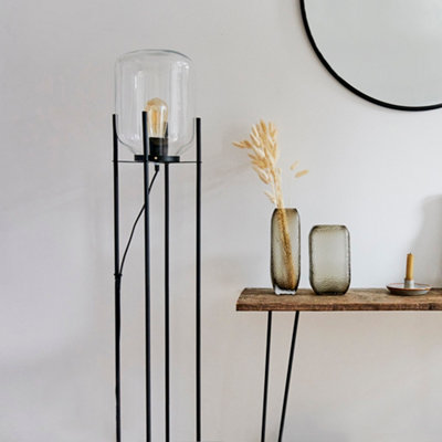 ValueLights Dawlish Industrial Style Matt Black Linear Base Standing Floor Lamp with Clear Glass Shade