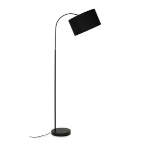 ValueLights Designer Style Black Curved Stem Floor Lamp With Black Cylinder Shade - Includes 6w LED GLS Bulb 3000K Warm White