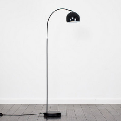 ValueLights Designer Style Black Curved Stem Floor Lamp With Gloss Black Metal Dome Light Shade