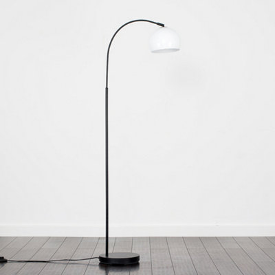 ValueLights Designer Style Black Curved Stem Floor Lamp With Gloss White  Metal Dome Light Shade