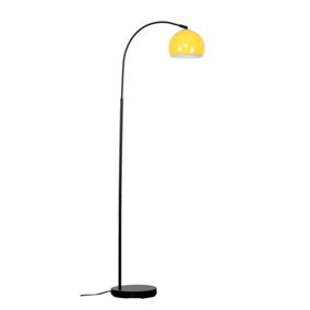 ValueLights Designer Style Black Curved Stem Floor Lamp With Gloss Yellow Metal Dome Light Shade