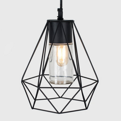 ValueLights Diablo IP44 Rated Gloss Black Ceiling Bathroom Light Pendant with Metal Basket and Clear Glass Shade