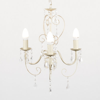 ValueLights Distressed Cream Ornate Vintage Shabby Chic 3 Way Ceiling Light Chandelier With Acrylic Jewels