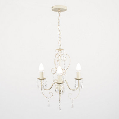 ValueLights Distressed Cream Ornate Vintage Shabby Chic 3 Way Ceiling Light Chandelier With Acrylic Jewels