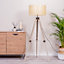 ValueLights Distressed Wood And Silver Chrome Tripod Floor Lamp Cream Rattan Wicker Effect Shade