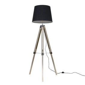 ValueLights Distressed Wood and Silver Chrome Tripod Floor Lamp With Black Tapered Light Shade With 6w LED GLS Bulb In Warm White