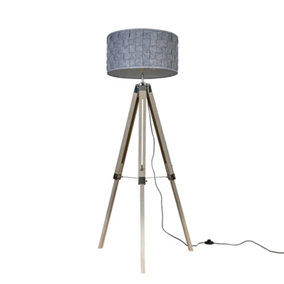 ValueLights Distressed Wood And Silver Chrome Tripod Floor Lamp With Grey Felt Weave Light Shade