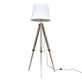 ValueLights Distressed Wood and Silver Chrome Tripod Floor Lamp With White Tapered Light Shade With 6w LED GLS Bulb In Warm White