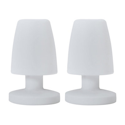 ValueLights Doji Set of 2 IP44 Rated Outdoor White Mushroom Table Lamps with Integrated Rechargeable RGB Colour Changing LED