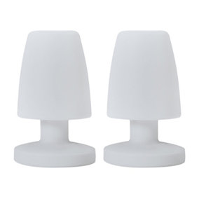 ValueLights Doji Set of 2 IP44 Rated Outdoor White Mushroom Table Lamps with Integrated Rechargeable RGB Colour Changing LED