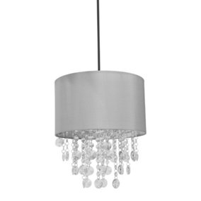 ValueLights Easy Fit Grey Fabric Acrylic Jewel Droplet Drum Ceiling Light Shade - Bulb Included