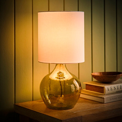 ValueLights Emily Natural Linen Drum Shade Dark Green Glass Teardrop Table Lamp and LED Bulb