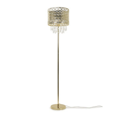 ValueLights Enna Gold Moroccan Style Floor Lamp with Acrylic Jewel Droplet Drum Lampshade