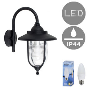 ValueLights Eyam Modern Outdoor Black Fisherman Style Swan Neck Wall Light Lantern - IP44 Rated with LED Bulb