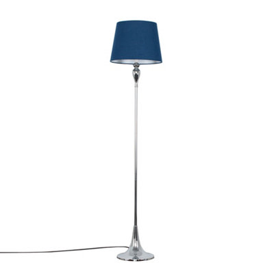 ValueLights Faulkner Modern Polished Chrome Spindle Design Floor Lamp with Navy Blue Shade