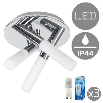ValueLights Fina IP44 Rated 3 Way Cross Over Chrome Flush Ceiling Light Fitting with Frosted Glass Shades and LED G9 Bulbs