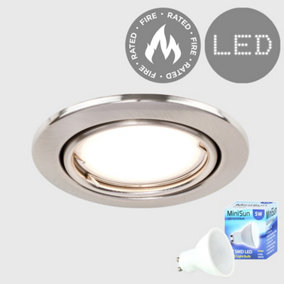 ValueLights Fire Rated Brushed Chrome Tiltable GU10 Recessed Ceiling Downlight - Includes 5w LED Bulb 6500K Cool White