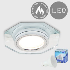 ValueLights Fire Rated Clear Glass and Chrome Contemporary Octagon Recessed Ceiling DownlightWith LED GU10 Bulb In Warm White