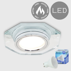 ValueLights Fire Rated Clear Glass and Chrome Octagon Recessed Ceiling Downlight - Complete With 5w LED GU10 Bulb6500K Cool White