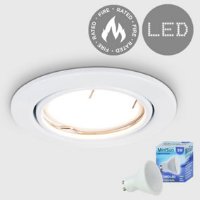 ValueLights Fire Rated Gloss White Tiltable GU10 Recessed Ceiling Downlight - Includes 5w LED Bulb 6500K Cool White