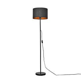 ValueLights Floor Lamp Base In Black Metal Finish With Black Gold Drum Shade