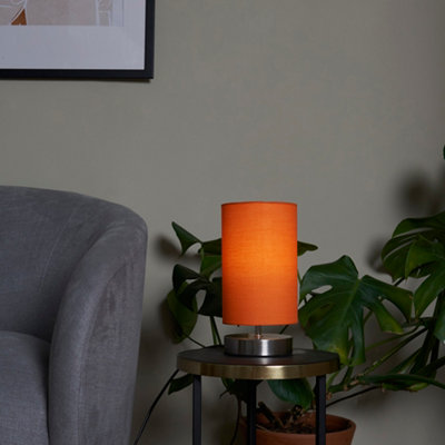 ValueLights Francis Pair of Satin Touch Dimmer Bedside Table Lamps with Orange Cylinder Light Shades