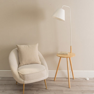 ValueLights Freja Large Wooden Floor Lamp with Fabric Tapered Shade and Coffee Table