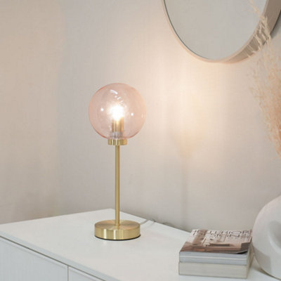 ValueLights Frenchie Brushed Gold Metal Table Lamp with Pink Tinted Glass Globe Shade