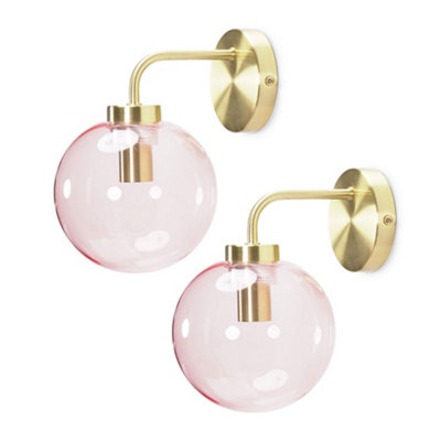 ValueLights Frenchie Pair of - Brushed Gold Metal Wall Light with Pink Tinted Glass Globe Shade