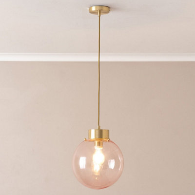ValueLights Frenchie Pink Glass Globe Brushed Gold Capped Ceiling Pendant Light with Bulb