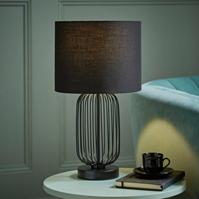 ValueLights Gabbia Black Wire Cage Metal Bedside Dimmer Touch Table Lamp with Fabric Drum Lampshade