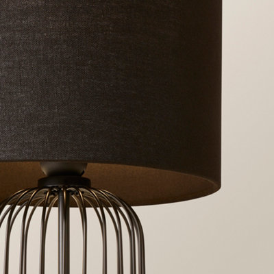ValueLights Gabbia Black Wire Cage Metal Bedside Dimmer Touch Table Lamp with Fabric Drum Lampshade
