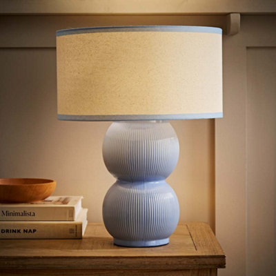 ValueLights Gemma Linen with Blue Trim Drum Lamp Shade Stacked Ribbed ...