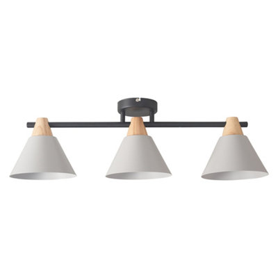 ValueLights Giza Scandi 3 Way Black & Wood Ceiling Light Fitting with Grey Cone Shades - LED Golfball Bulbs 3000K Warm White