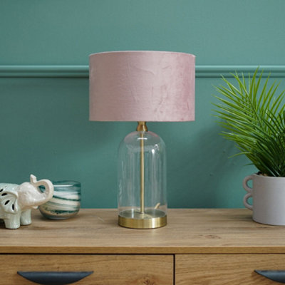 ValueLights Glass and Gold Metal Bedside Table Lamp with a Blush Pink Velvet Lampshade - Bulb Included