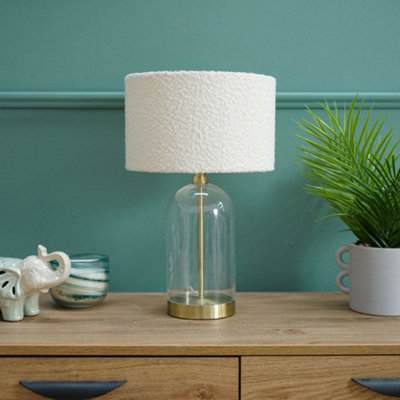 ValueLights Glass and Gold Metal Bedside Table Lamp with a Cream Boucle ...
