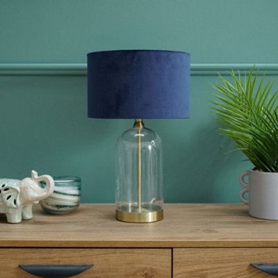 ValueLights Glass and Gold Metal Bedside Table Lamp with a Navy Blue Velvet Lampshade - Bulb Included