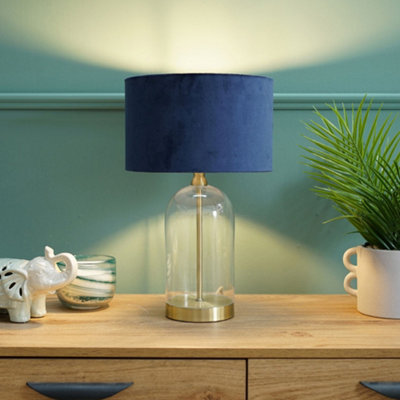 ValueLights Glass and Gold Metal Bedside Table Lamp with a Navy Blue Velvet Lampshade