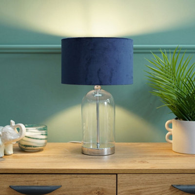 ValueLights Glass and Silver Chrome Metal Bedside Table Lamp with a Navy Blue Velvet Lampshade