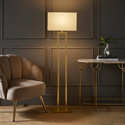 ValueLights Gloria Gold Double Stem Metal Floor Lamp with Rectangular Lamp Shade and Bulb
