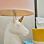 ValueLights Gloss White And Gold Ceramic Unicorn Table Lamp With Pink Light Shade