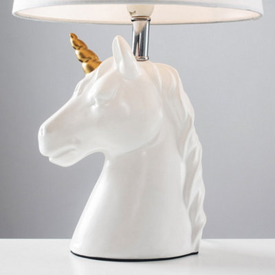 ValueLights Gloss White And Gold Ceramic Unicorn Table Lamp With White Light Shade